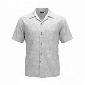 American Outpost Men's XL Floral Hibiscus Pineapple Cotton Camp Shirt Grey White